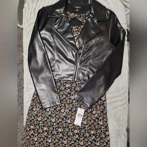 Amy Byer Girls Black Floral Dress with Faux Leather Jacket Size 12 Length 42.5